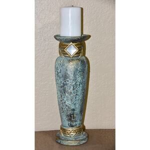 Jaru Art Deco Green and Gold Cast Stone Ceramic Pillar Candle Holder